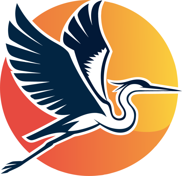 Stylized heron in flight against orange sun.